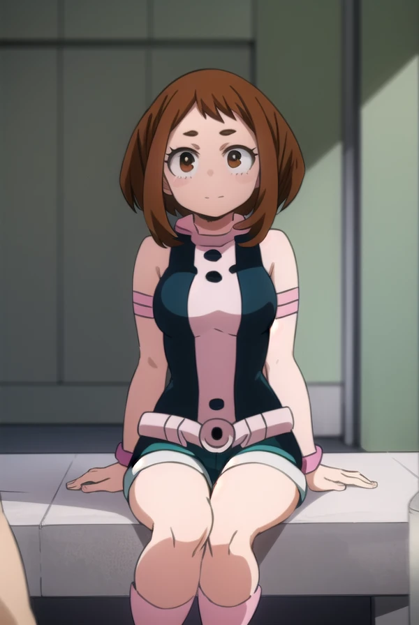 ochakouraraka, ochako uraraka, (uraraka ochako:1.5), (brown eyes:1.5), brown hair, short hair, blush, blush stickers, smile,
BREAK bare shoulders, blue shorts,pink bikini,pink pink boots,black sock,
BREAK outdoors, city,
BREAK looking at viewer,
BREAK (masterpiece:1.2), best quality, high resolution, unity 8k wallpaper, (illustration:0.8), (beautiful detailed eyes:1.6), extremely detailed face, perfect lighting, extremely detailed CG, (perfect hands, perfect anatomy),sitting down on chair,medium breast,