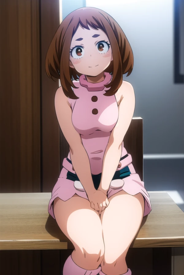 ochakouraraka, ochako uraraka, (uraraka ochako:1.5), (brown eyes:1.5), brown hair, short hair, blush, blush stickers, smile,
BREAK bare shoulders, blue shorts,pink bikini,pink pink boots,black sock,
BREAK outdoors, city,
BREAK looking at viewer,
BREAK (masterpiece:1.2), best quality, high resolution, unity 8k wallpaper, (illustration:0.8), (beautiful detailed eyes:1.6), extremely detailed face, perfect lighting, extremely detailed CG, (perfect hands, perfect anatomy),sitting down on chair,medium breast,