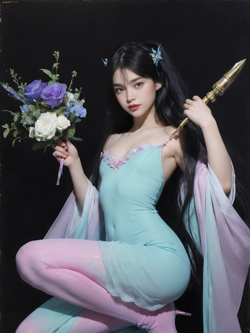 portrait,1girl,12 year old,独奏,white dress,holding bouquet,very long hair,blue flower,black hair,red rose,gradient background, dark background, dyeing,oil painting,impasto The painting is supposed to capture Star Butterfly in an iconic moment that represents her adventurous spirit, your magical strength and your vibrant personality. The setting should be an environment that reflects the mix of magical realms and interdimensional adventures, characteristic of the series. Star Butterfly: Star must be in the center of the composition, in a dynamic and confident pose. She is dressed in her classic costume: a mint green dress, leggings coloridas, and her iconic unicorn boots. His devil horns on his head and his magic wand in one hand are essential to identify the character.. Expression and posture: Star's expression must be cheerful and determined, with a big smile on your face and eyes shining with enthusiasm. Your stance can be one of action, as if preparing to cast a spell or leading an adventure. Magic wand: Star's magic wand must be represented in detail, with its iconic butterfly wings and star design. She must emit a glowing aura of magic, with sparks and waves of energy all around, suggesting it is ready to use. scenario: The setting should be a fusion between the magical kingdom of Mewni and the earthly environment of Echo Creek. This can include elements like floating castles, dimensional portals, and fantastic landscapes combined with everyday elements, such as lampposts and school buildings. magic elements: Include magical creatures, like flying ponies, friendly monsters and exotic plants that bloom in bright colors, to bring Star's magical world to life. frame Diaz: Star's best friend, frame, can be included in the scene, maybe in the background or next to it, wearing his traditional red coat. Your presence should suggest support and camaraderie.