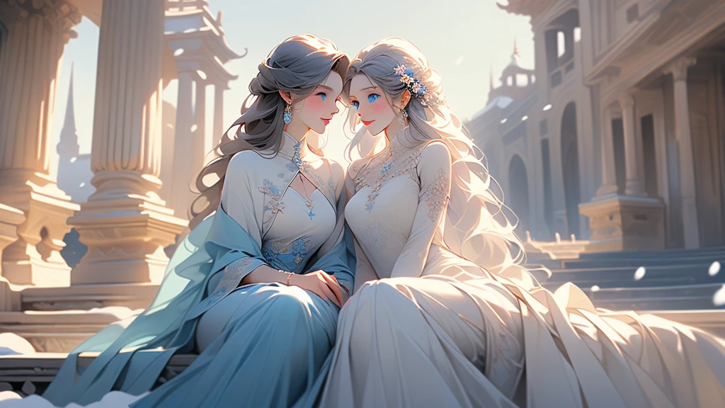 ((best quality,masterpiece,Extremely complex and exquisite details,There is only one beautiful woman with long white straight hair and blue eyes,Smile,long skirt)),(Exquisite light blue and white clothing,Beautiful bright and exquisite ancient style white castle architectural background),(correct anatomy,exquisite face),(Exquisite fantasy dream style,Snow,Falling Flowers,The great outdoors),Sitting