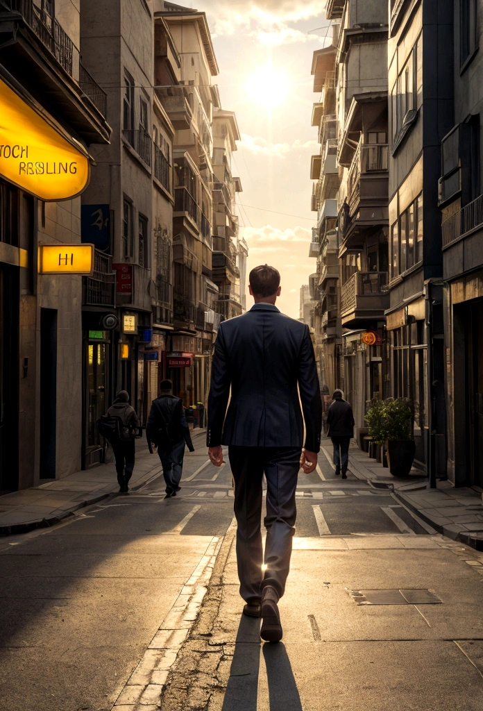 realistic photo of a man, walks along a wide city street