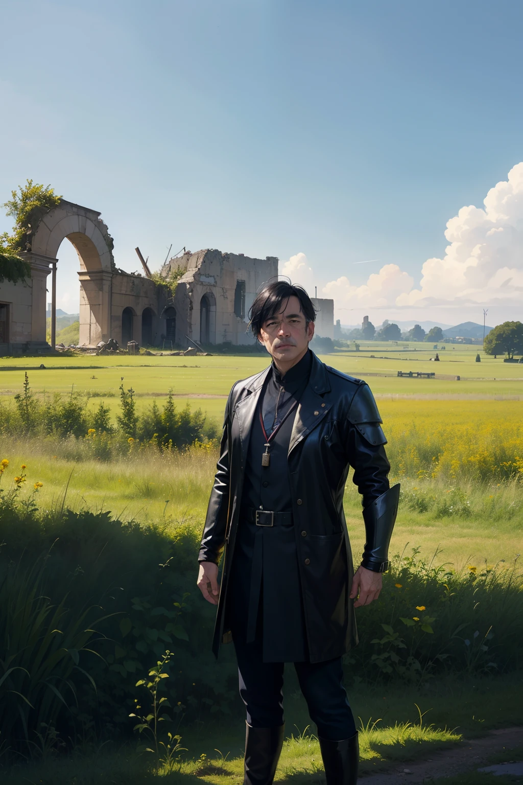 fantasies, doctor dressed in leather armor, middle-aged man against the backdrop of ruins in a field, black hair, looks at the camera