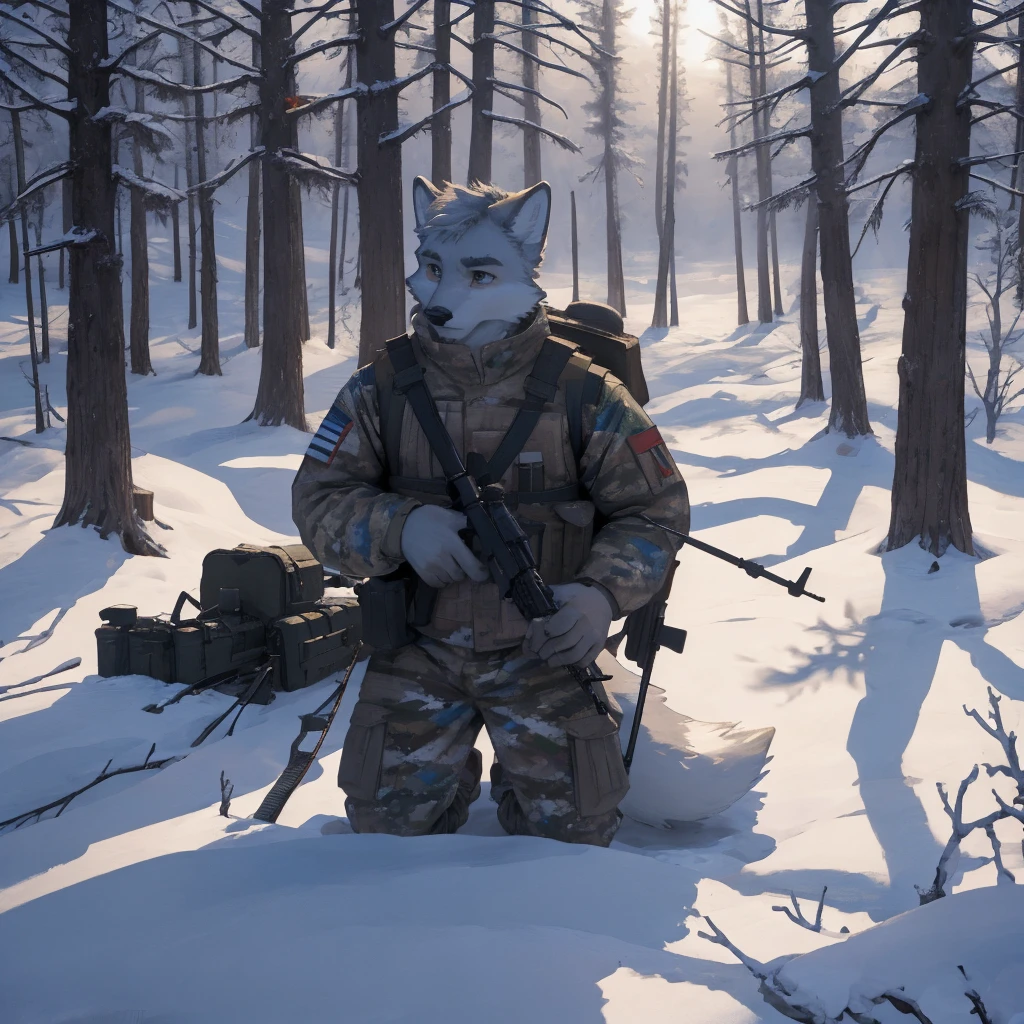 Male, male, fox, arctic fox, white fur, short hair, 20 years old, rifle , Snow camouflage, winter camouflage, dramatic effect, dramatic light, shadow, shade, higlight, high quality, high details, High detailed image, high quality image, Very detailed shadows, high detail shadows, Snowy forest, snowy, Winter