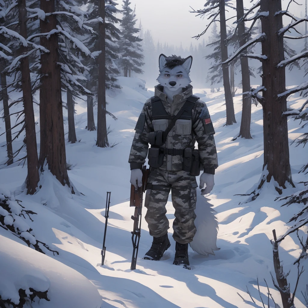 Male, male, fox, arctic fox, white fur, short hair, 20 years old, rifle , Snow camouflage, winter camouflage, dramatic effect, dramatic light, shadow, shade, higlight, high quality, high details, High detailed image, high quality image, Very detailed shadows, high detail shadows, Snowy forest, snowy, Winter