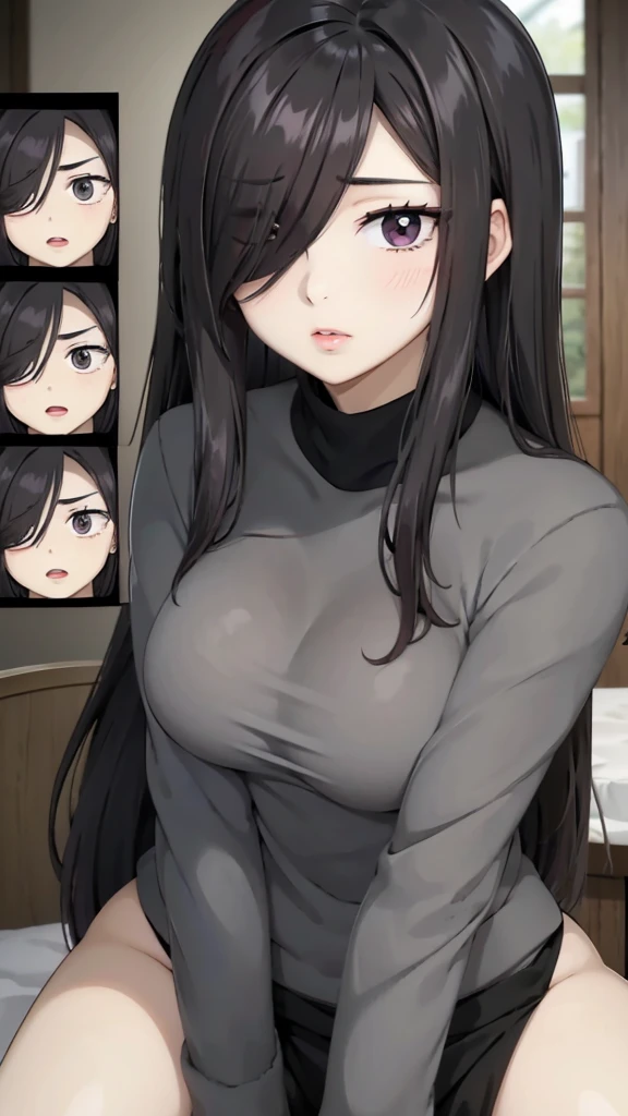 Mom with 4 daughters,perfect ,black hair, long hair, (hair over one eye:1.4), messy hair, hair between eyes, chubby cheek,Sexy lips, pucker lips