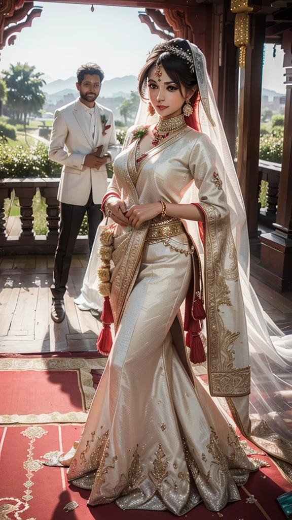 1girl and 1 boy,beautiful girl,handsome boy, girl as bride,boy as groom,full body image,realistic,8k resolution,mandap,pandit and agni background