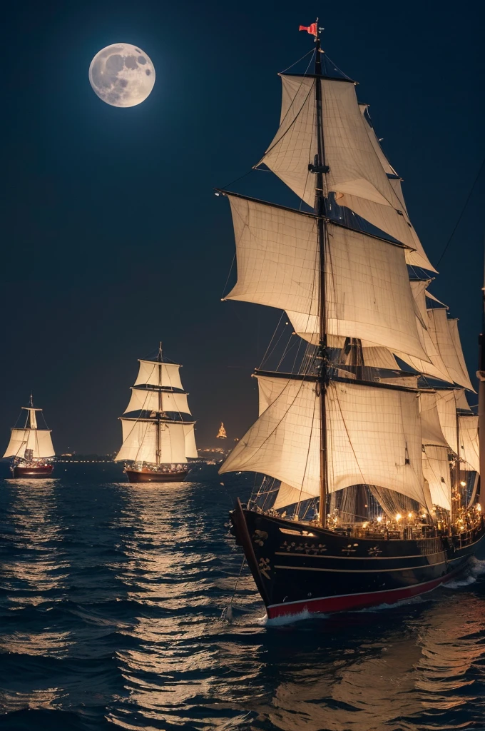 プロンプト: A traditional Japanese sailing ship, adorned with lanterns and flags, emerging from the dark waters of Tokyo Bay under a full moon. High resolution, 9:16 aspect ratio, mystical and majestic atmosphere.