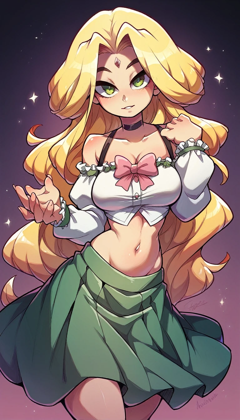 In anime A college girl Sexy young beautiful attractive beautiful popular yellow hair long manchon forehead pink bow her green eye dresses white blouse tied knot put green bow chest shows navel curve wide sexy and her green skirt short black heel