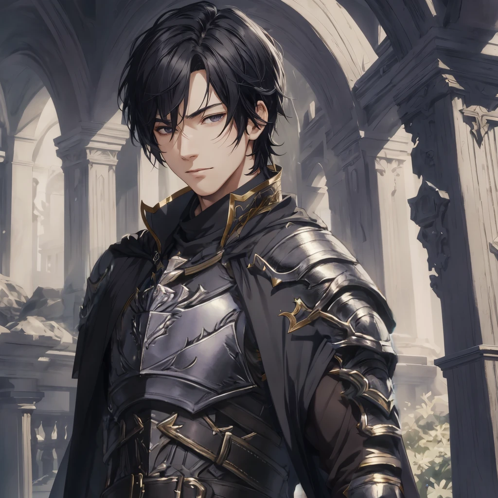 masterpiece, best quality, 1man, adult, male focus, solo, medium hair, black hair,, looking at viewer, cape, High quality metal texture, overcoat, closed mouth, upper body, bangs, high collar,(kbxll:0.6), Fantasy aesthetics, Highly detailed, shadowverse style, armored gloves, metallic gloves, black armor