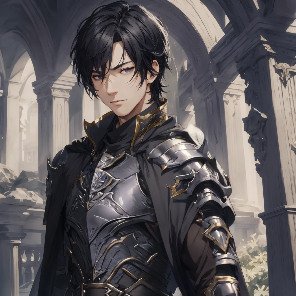 masterpiece, best quality, 1man, adult, male focus, solo, medium hair, black hair,, looking at viewer, cape, High quality metal texture, overcoat, closed mouth, upper body, bangs, high collar,(kbxll:0.6), Fantasy aesthetics, Highly detailed, shadowverse style, armored gloves, metallic gloves, black armor