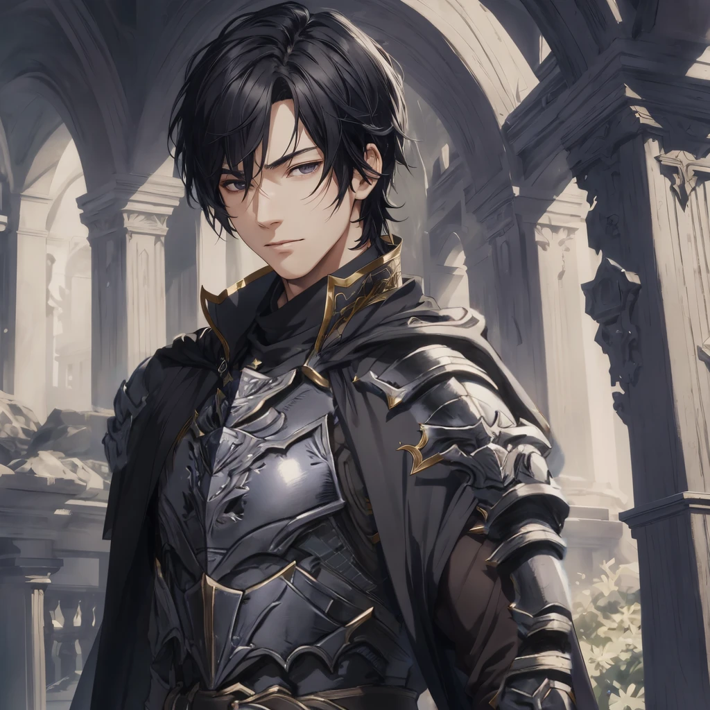 masterpiece, best quality, 1man, adult, male focus, solo, medium hair, black hair,, looking at viewer, cape, High quality metal texture, overcoat, closed mouth, upper body, bangs, high collar,(kbxll:0.6), Fantasy aesthetics, Highly detailed, shadowverse style, armored gloves, metallic gloves, black armor