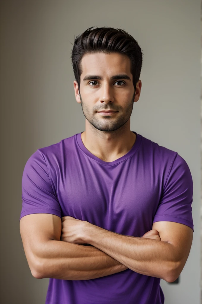 30-year-old boy with a plain purple t-shirt