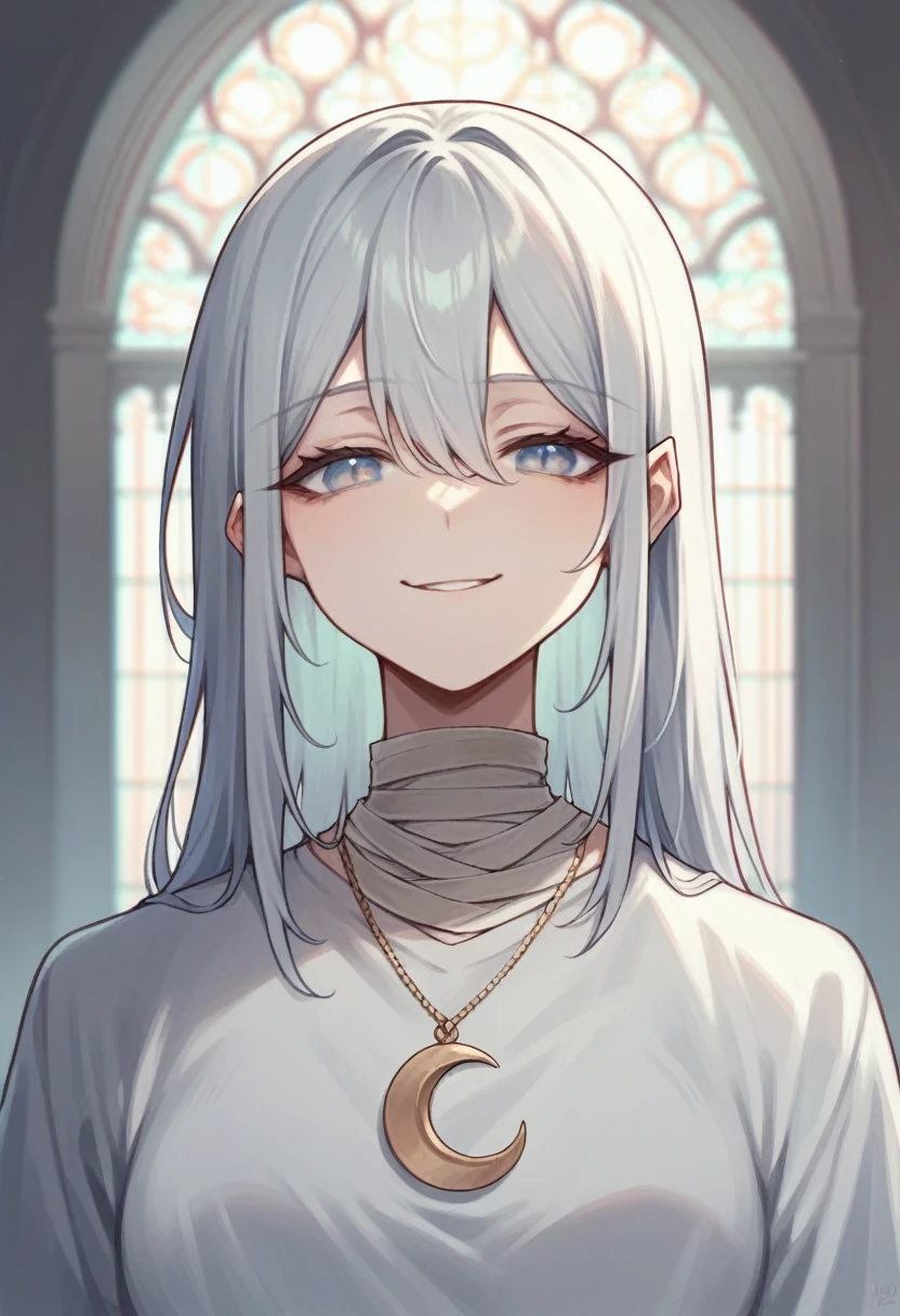 bandages around neck, gentle smile, pointy elf ears, dragon-like eyes