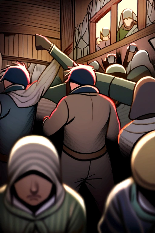 Crowded tavern, fight between people
