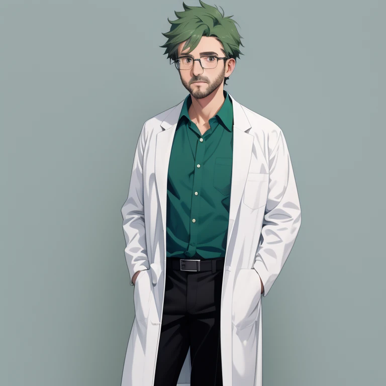 1 old man, 30 years old, white lab coat, dark green hair, blue collared shirt, black pants, glassese, full body, standing, lower arms, looking at viewer, front view, thick outline, gray background, simple background, best quality, masterpiece