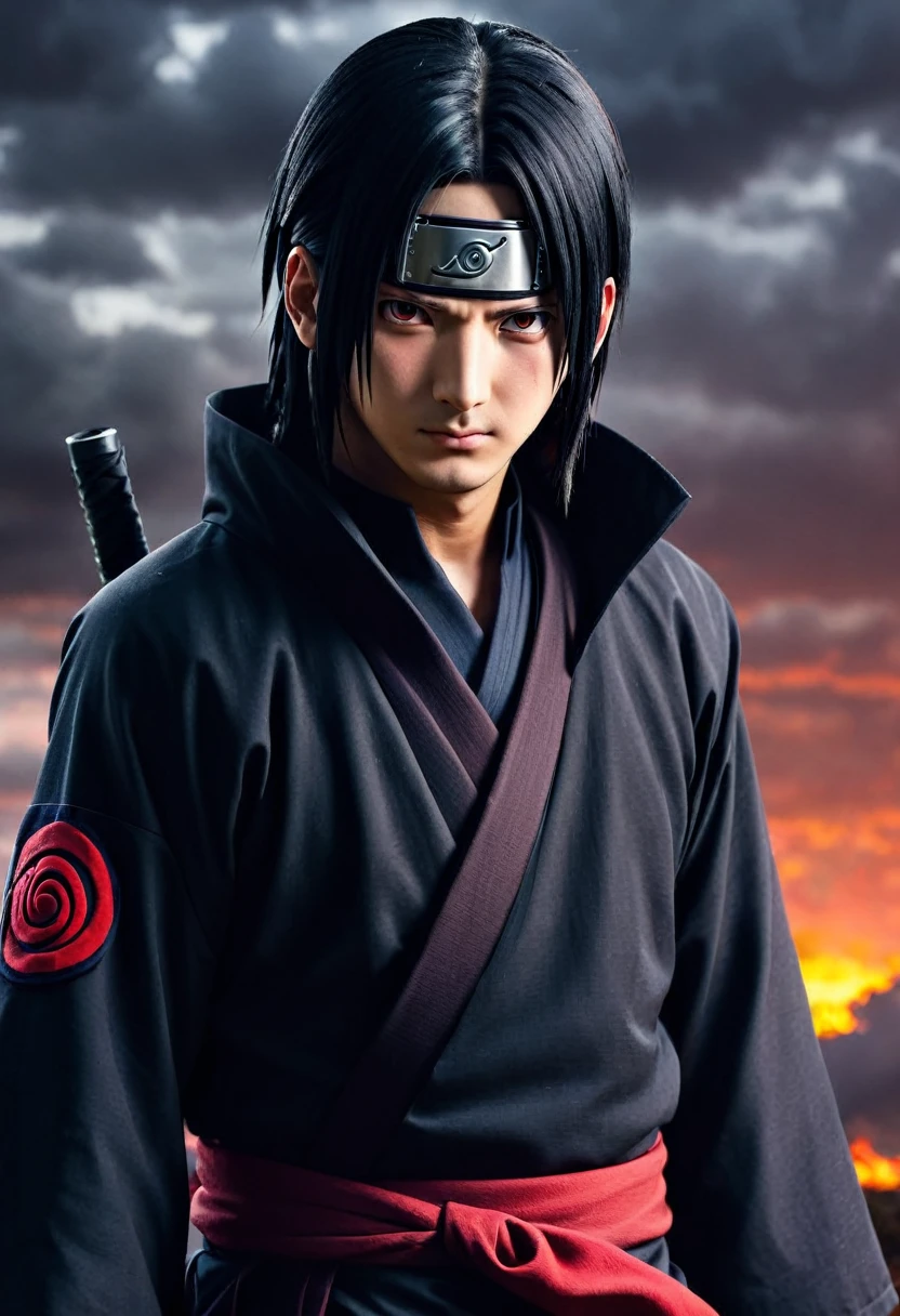 itachi uchiha, a character from the anime Naruto, in a dramatic and intense scene. He&#39;s standing in the middle of a dark forest, with the full moon shining through the trees, casting long and mysterious shadows. Itachi is wearing his classic Akatsuki cape, black with red clouds, and the Vila da Folha bandana crossed out, symbolizing his desertion.Their eyes, with Sharingan activated, glow brightly red, reflecting your power and determination. An expression of seriousness and melancholy is on his face, showing the emotional toll of their sacrifices. He holds a kunai in his right hand, prepared for any threat.Ao fundo, The atmosphere is dense and charged, with leaves slowly falling from the trees, creating a dramatic effect. The moonlight highlights your face and eyes, while the rest of the scene remains in dark tones, accentuating the contrast between light and 