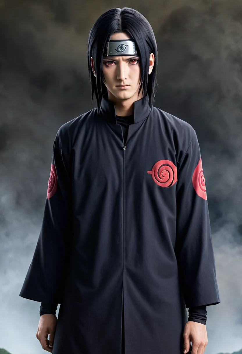 itachi uchiha, a character from the anime Naruto, in a dramatic and intense scene. He&#39;s standing in the middle of a dark forest, with the full moon shining through the trees, casting long and mysterious shadows. Itachi is wearing his classic Akatsuki cape, black with red clouds, and the Vila da Folha bandana crossed out, symbolizing his desertion.Their eyes, with Sharingan activated, glow brightly red, reflecting your power and determination. An expression of seriousness and melancholy is on his face, showing the emotional toll of their sacrifices. He holds a kunai in his right hand, prepared for any threat.Ao fundo, The atmosphere is dense and charged, with leaves slowly falling from the trees, creating a dramatic effect. The moonlight highlights your face and eyes, while the rest of the scene remains in dark tones, accentuating the contrast between light and 