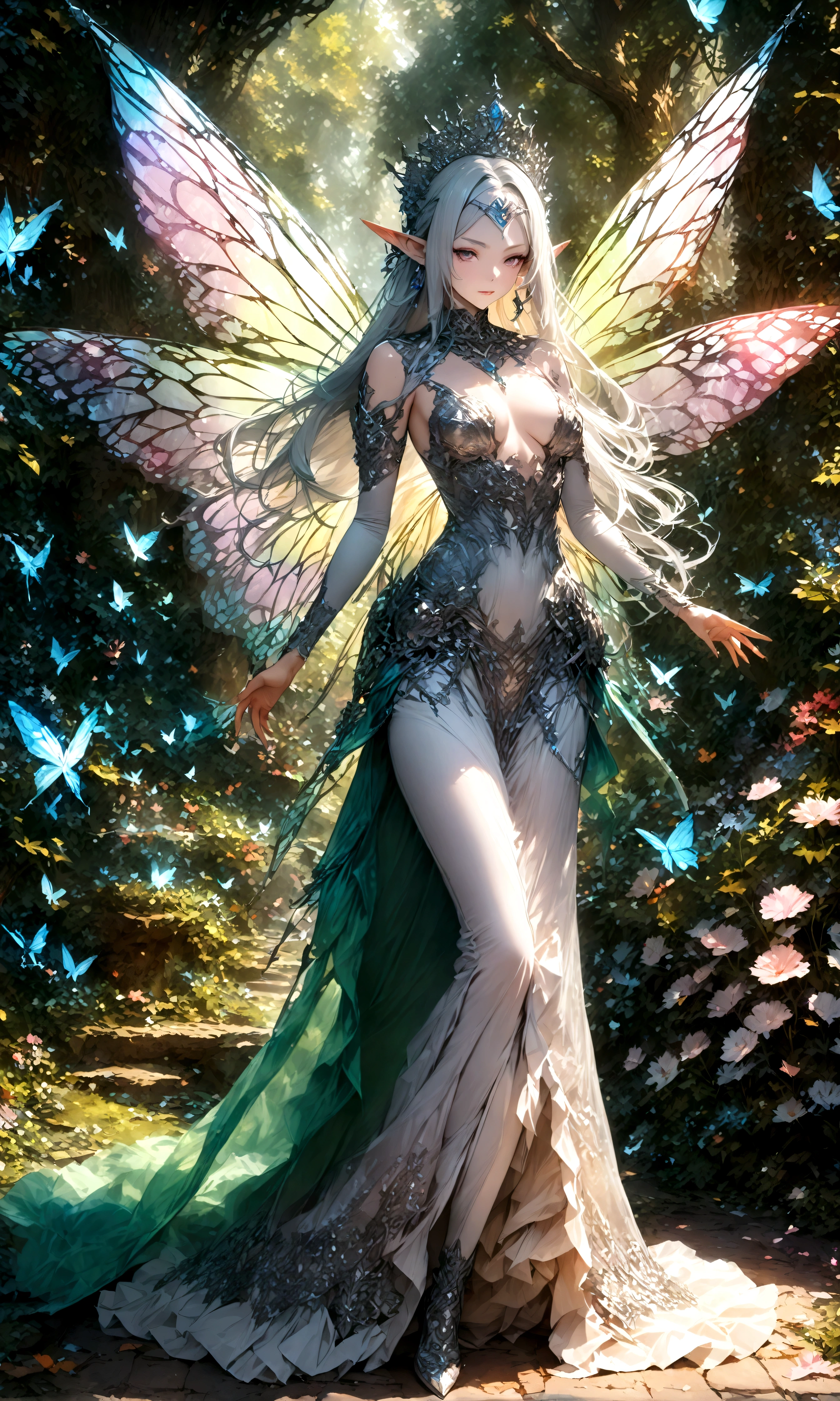 draw the queen of spirits,white skin type,perfect face,pointed ears,elf elements,Queen's tiara made of silver,noble and beautiful,Long dress made of translucent silk,fairy wings,perfect proportions,(Perfect Anatomy: 1.3),zoom out,show the whole body,use magic,elegant,artwork,rendering,dynamic pose,(masterpiece:1.3),(highest quality:1.4),(Super detailed:1.5),High resolution,Very detailed,unity 8k wallpaper,Dark fantasy,intricate details,Wind,fairy forest,shining butterfly,anatomically correct