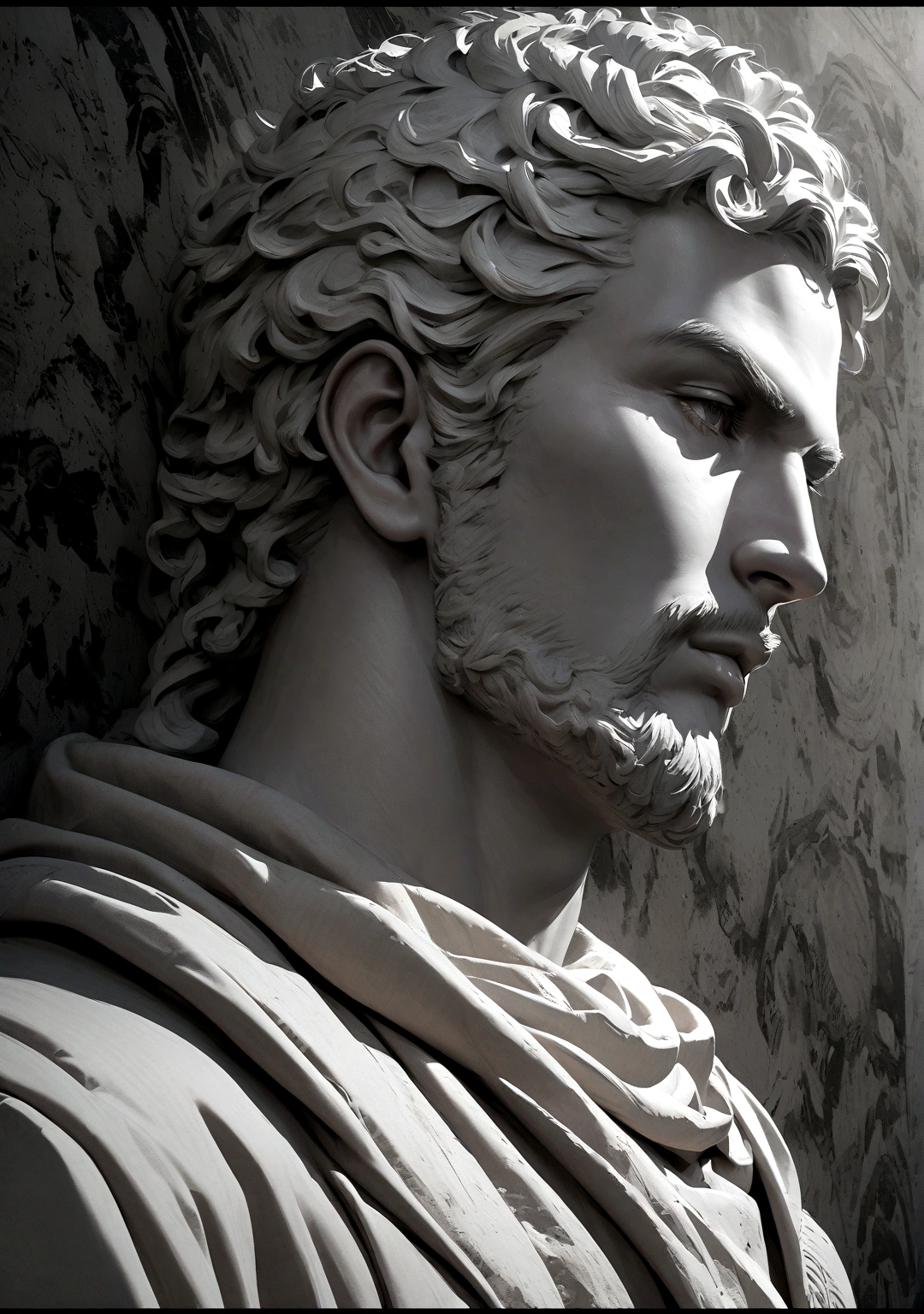 A Portrait Statue of the Stoic Marcus Aurelius in Black and White 4K,Face lateral, super realistic wallpaper,man strong,brawny