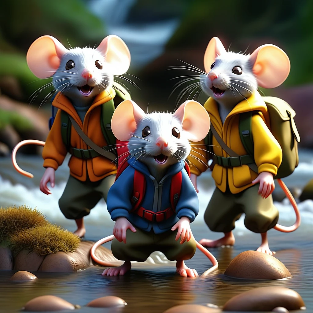 a dangerous stormy river, a group of mice in hiking clothing trying to cross the river, extremely detailed, 4k, hyperrealistic, vibrant colors, dynamic lighting, dramatic atmosphere, chiaroscuro effect, high contrast, cinematic composition, masterfully rendered