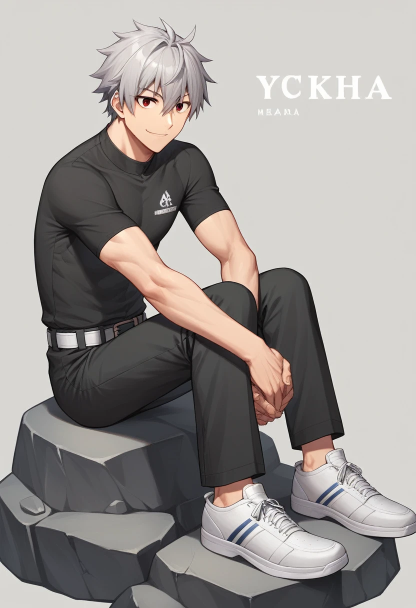 1 Boy,Male focus,solo,Kaworu Nagisa,shirt,Sitting,Red Eyes,Rock,Pants,白shirt,shoe,有领shirt,黑色Pants,Hair between the eyes,Short sleeve,Shut up,Gray Hair,White shoes,belt,sports shoes,Looking at the audience,clavicle,With your own hands together,Bangs,Watermark,Shinji Ikari,sign,Artist Name,Smile,Uniforms,Gray background,浅Smile