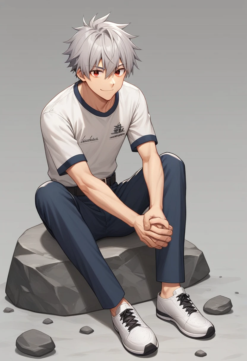 1 Boy，Male focus，solo，Kaworu Nagisa，shirt，Sitting，Red Eyes，Rock，Pants，白shirt，shoe，有领shirt，黑色Pants，Hair between the eyes，Short sleeve，Shut up，Gray Hair，White shoes，belt，sports shoes，Looking at the audience，clavicle，With your own hands together，Bangs，Watermark，Shinji Ikari，sign，Artist Name，Smile，Uniforms，Gray background，浅Smile