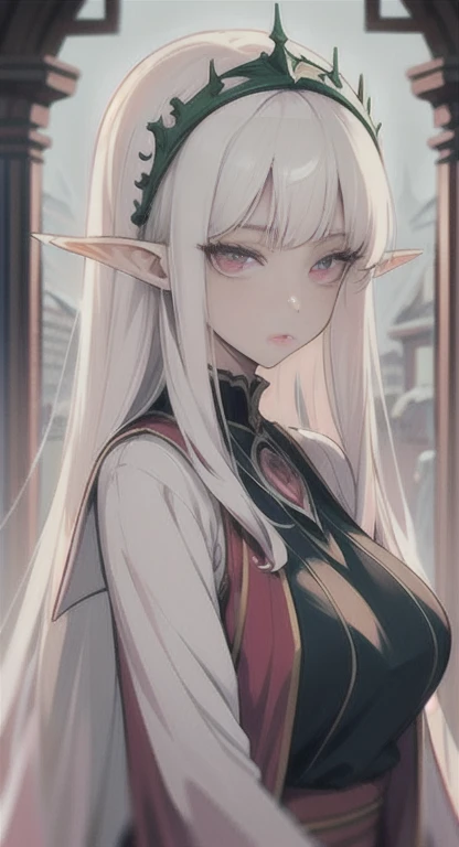 Ancient, long white hair pink eyes, elf Princess Saria, Ancient uniform, students everywhere, looking at viewer, SFW,