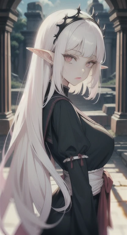 Ancient, long white hair pink eyes, elf Princess Saria, Ancient uniform, students everywhere, looking at viewer, SFW,