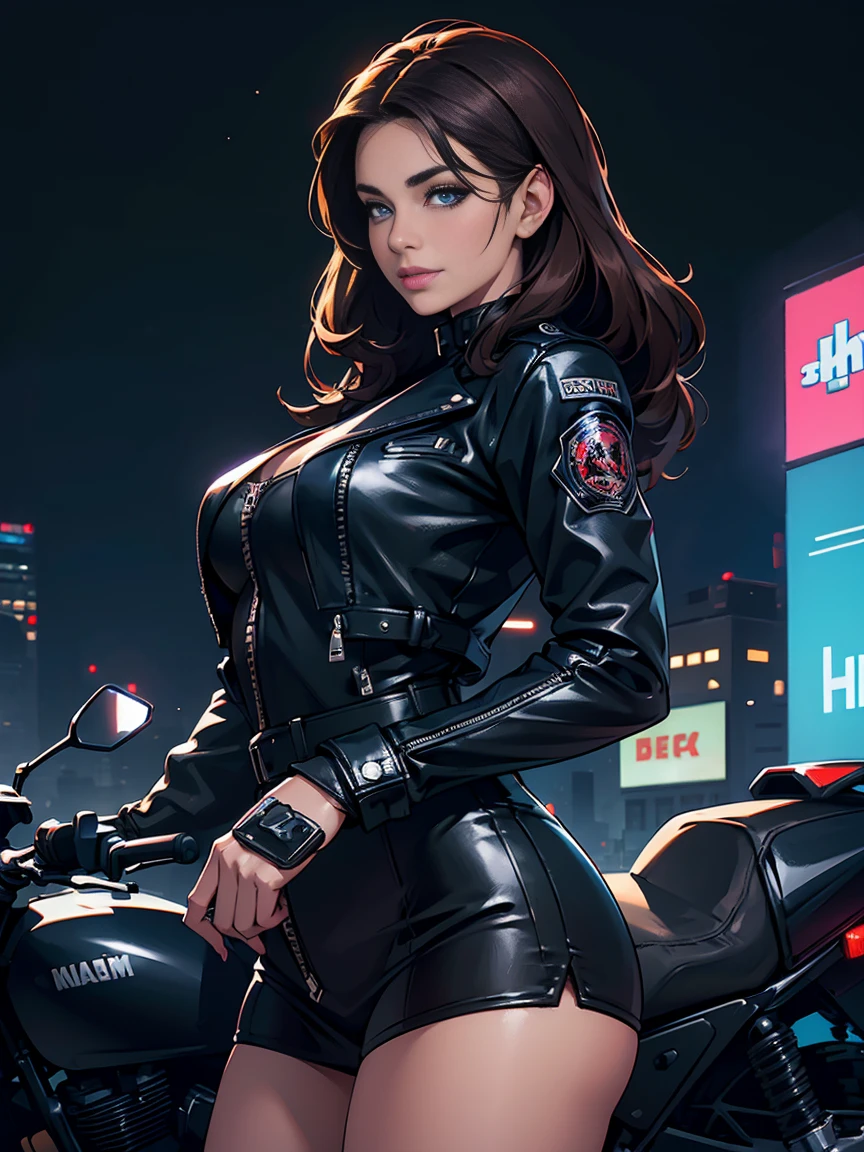 (Best quality, A high resolution,ultra detailed,realistic:1.2),portrait, woman, beautiful figure, White skin, Biker style, in the city, night time, beautiful detailed eyes, beautiful detailed lips, face confident, A slight smile, cool leather jacket with details and straps, black sports motorcycle, stylish pose, long straight dark brown hair, one pollen strand of hair near the face, Sergeant, bright colors, ночь in the city, dark blue atmosphere atmosphere, night city in the background, city lights, Cyberpunk, dark background, night freedom