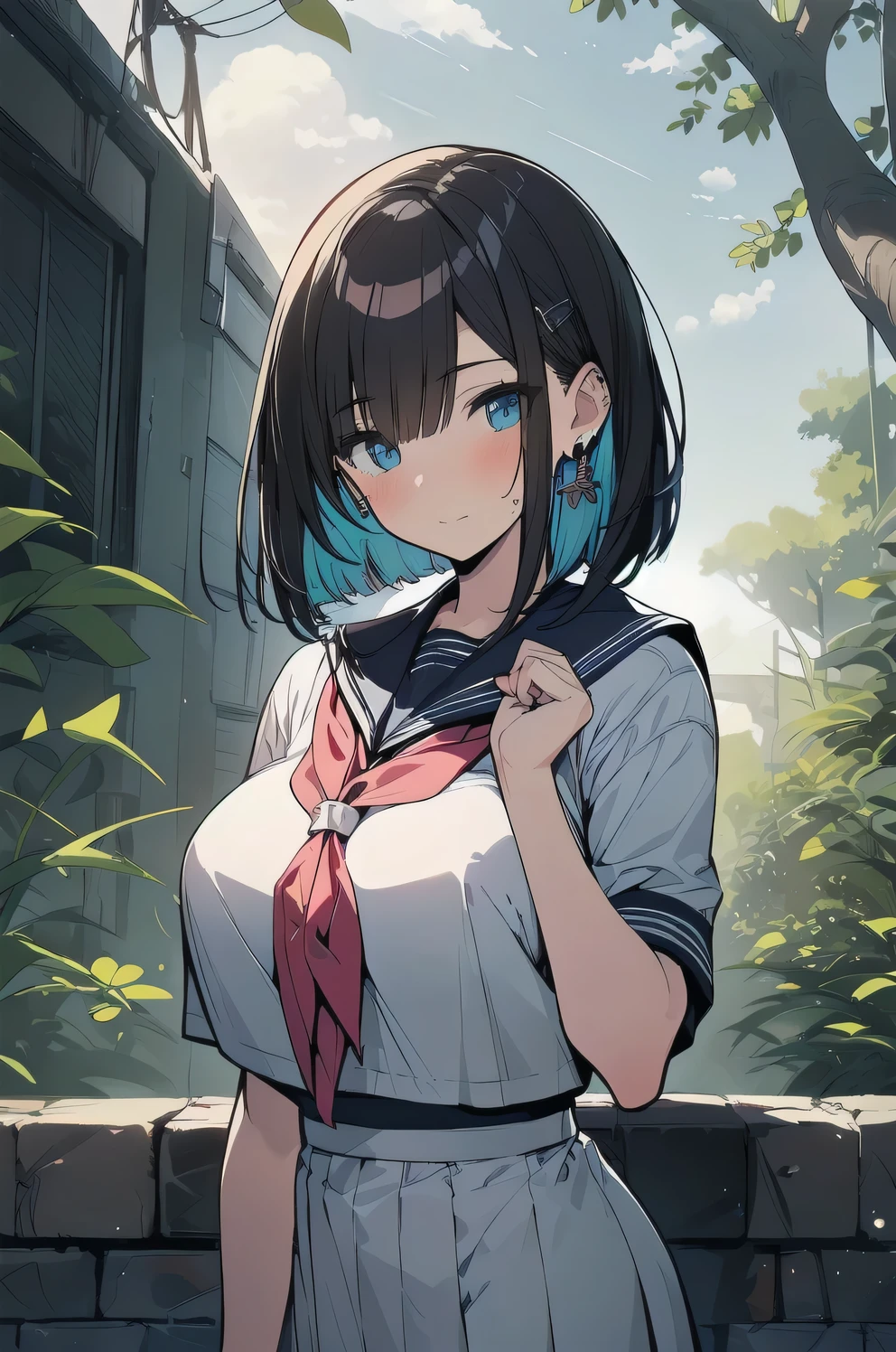 (best quality), (Super detailed), (Best Illustration), (masterpiece), (woman), {(white serafuku:1.2)}, (large breasts:1.2), {brown hair, (sideburns), (bob cut:1.3), curly hair, hairs between eyes, colored inner hair}, {(detailed eyes), blue eyes}, blush, earring, wind, botanical city