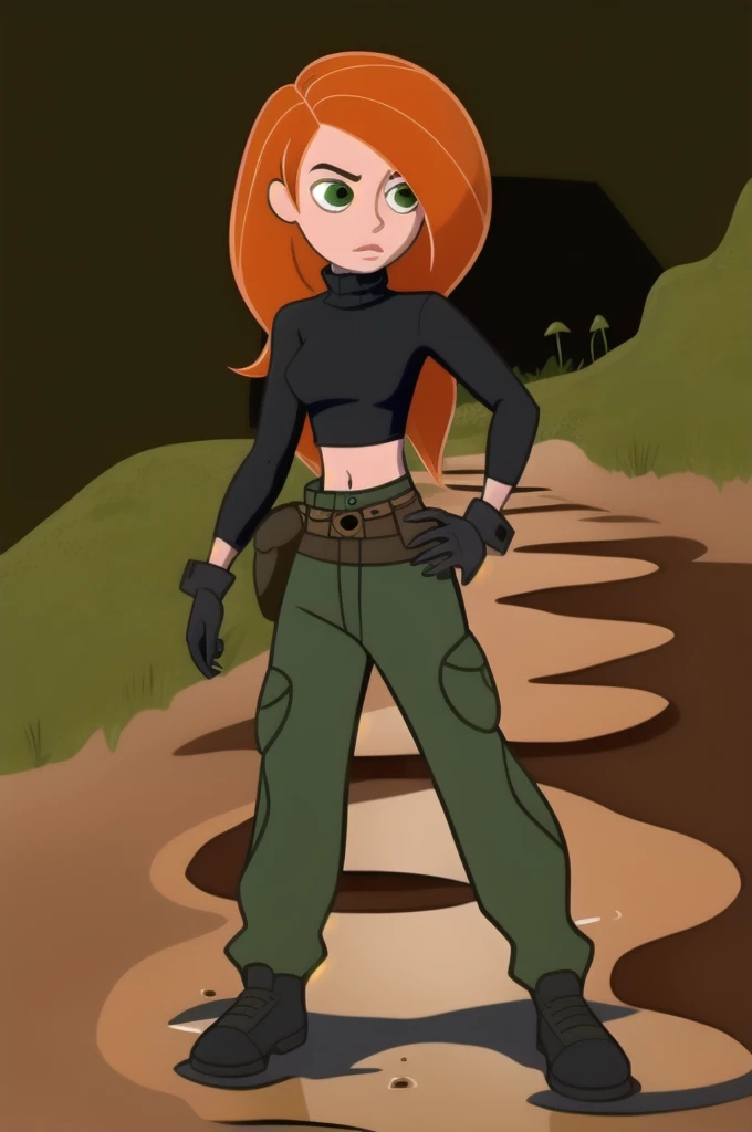 Best_QualityPos, RAW photo, intricate details, best quality, 8k uhd, soft lighting, 1girl, solo, green eyes, orange hair, long hair, black gloves, black turtleneck sweater, crop top, midriff, long sleeves, belt, belt pouch, green cargo pants, black shoes she si stuck in quicksand 