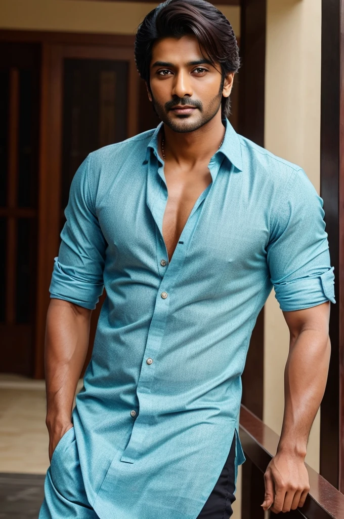 A sexy and handsome indian man,with gorgeous face and beautifull eyes, he has stylish black hair, wearing a casual shirt, and inner wear, homoerotic, nsfw,masterpiece, intimidating expression , public place
