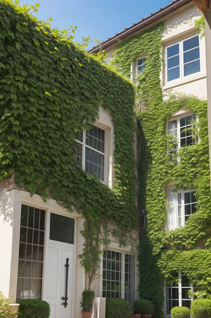 Draw climbing plants covering the exterior walls of the house.
   - Show how these plants grow vertically along the walls, providing shade and insulating the house from direct heat from the sun.