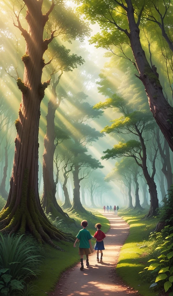 (anime, digital paint, enchanted forest background, vibrant colors, sunlight filtering through trees, happy children walking hand in hand on a mossy path, dense foliage all around, sense of wonder and adventure)