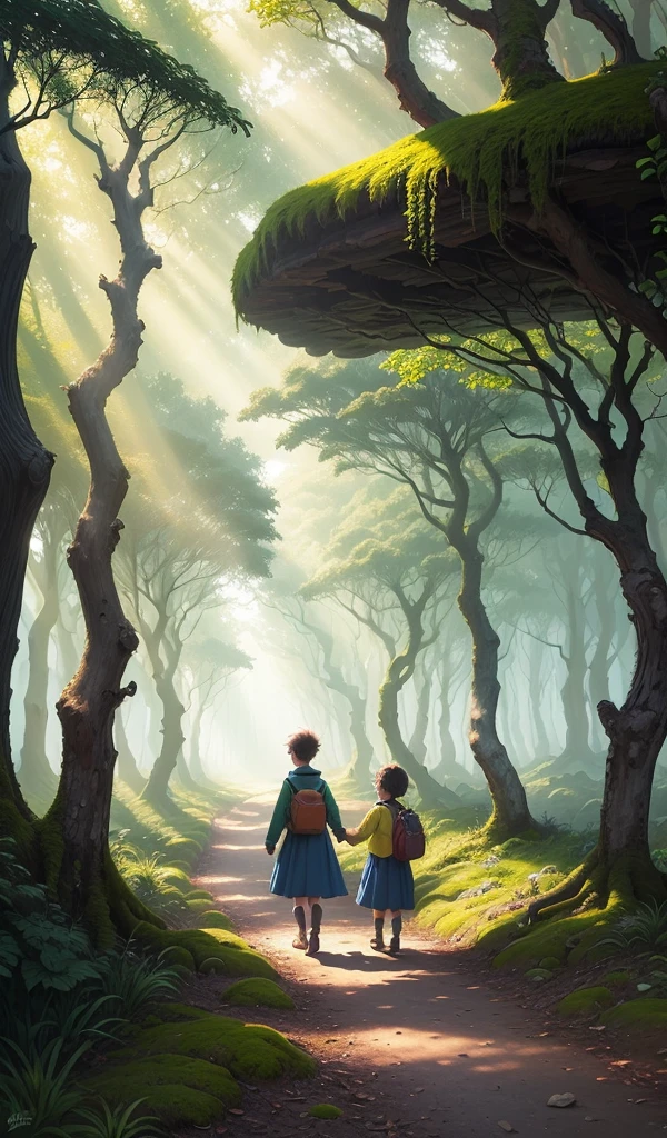(anime, digital paint, enchanted forest background, vibrant colors, sunlight filtering through trees, happy children walking hand in hand on a mossy path, dense foliage all around, sense of wonder and adventure)