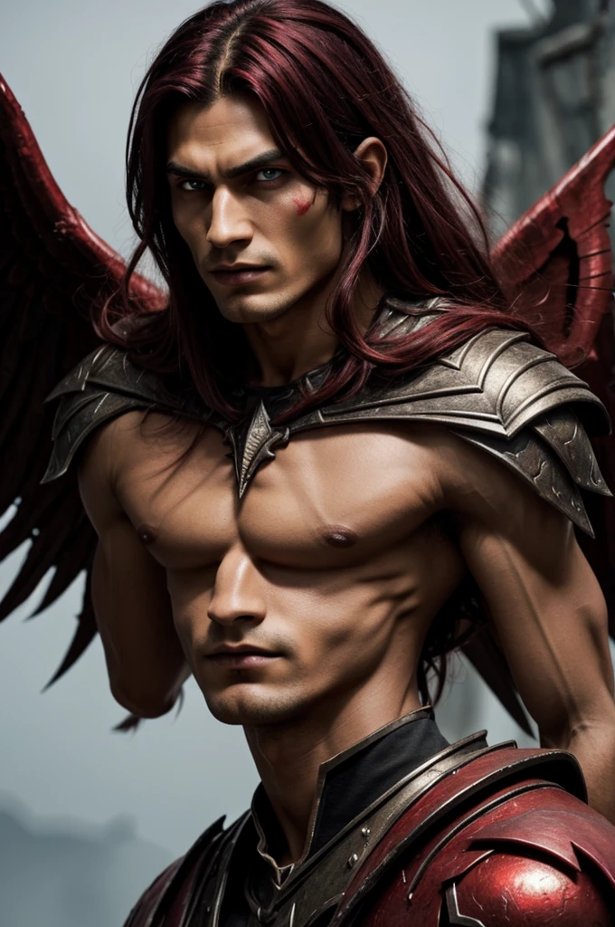 Demon Prince Has a thin scar running across his left cheek., as a reminder of a past battle. Eye color: deep and penetrating, of a crimson red color that seems to glow in the dark. Hair color: jet black, long and loose, with silver highlights that reflect light. face type: Angular and marked, with high cheekbones and a strong jaw. Lip type: Slim and well defined. cupid's bow: Does not have. He is handsome: Its beauty is supernatural and magnetic, but not conventionally human. nose: Straight and well formed. SMILE: Enigmatic and calculating, more than kind. Physical build: He has an athletic and well-proportioned build., not particularly robust but agile and elegant.
