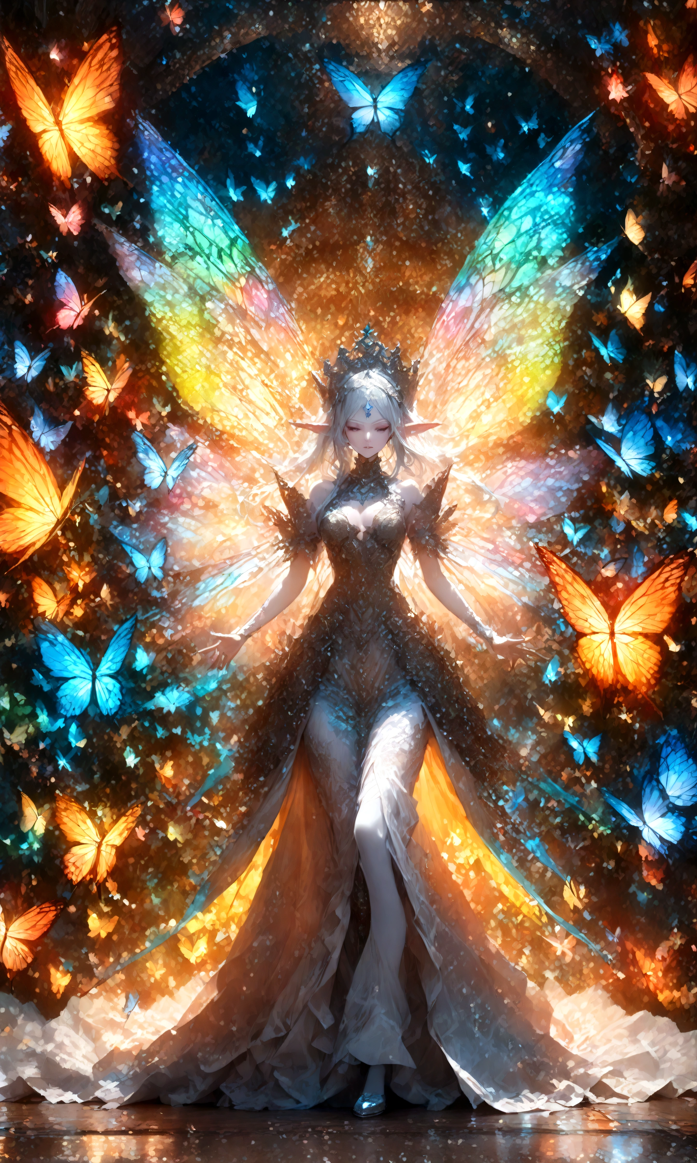 draw the queen of spirits,white skin type,perfect face,pointed ears,elf elements,Queen's tiara made of silver,noble and beautiful,Long dress made of translucent silk,fairy wings,perfect proportions,perfect anatomy,zoom out,show the whole body,use magic,artwork,rendering,dynamic pose,(masterpiece:1.3),(highest quality:1.4),(Super detailed:1.5),High resolution,Very detailed,unity 8k wallpaper,Dark fantasy,intricate details,digital art,Wind,shining butterfly,anatomically correct