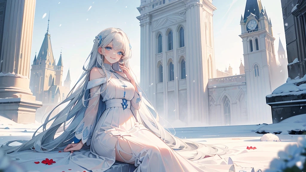 ((best quality,masterpiece,Extremely complex and exquisite details,There is only one beautiful woman with long white straight hair and blue eyes,Smile,long skirt)),(Exquisite light blue and white clothing,Beautiful bright and exquisite ancient style white castle architectural background),(correct anatomy,exquisite face),(Exquisite fantasy dream style,Snow,Falling Flowers,The great outdoors),Sitting
