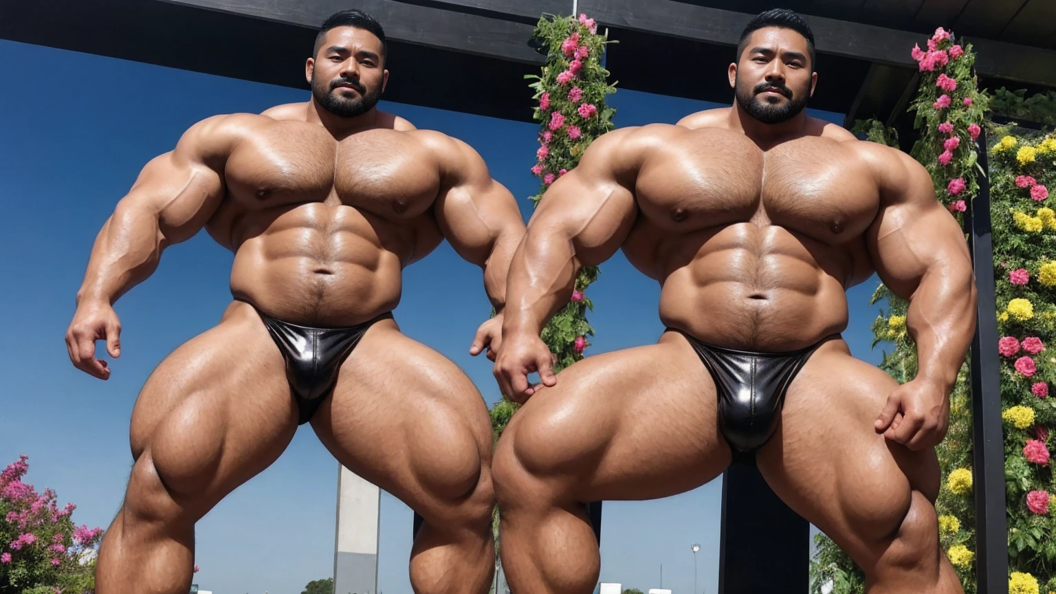 There is only one handsome Asian actor in the photo,35 years old,High target, Fitness,short hair, O-Shaped Beard,Perfect body, Dark skin color,Radiant Skin,Smooth skin,Muscle bulge, muscular, Very large pectoral muscles,Very sexy abdominal muscles,Very well-developed leg muscles,Huge concave and convex area,Brightens oily skin,Wearing black leather shiny thong,Handsome face, Correct and accurate male body proportions, Wear black socks,There are iron chains around the body,Stand among the flowers。