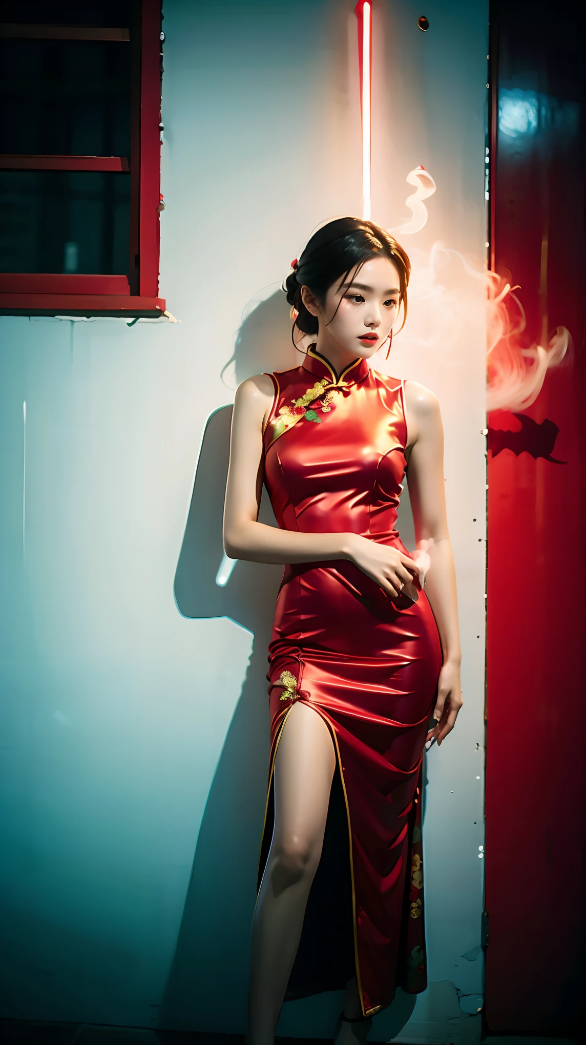 Best quality，masterpiece，16K，A girl，Wearing red cheongsam，Leaning against the wall，Film quality，Background is，Smoking，smoke，Neon，High light-dark contrast