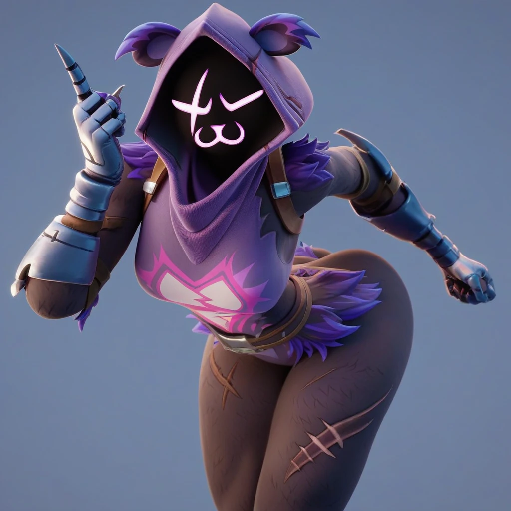 Raven team leader,purple hoodie, with no face, shadowed face, animal ears,purple skin, scar on eye, body skin, purple fur, waist belt, torso symbol, metal gloves, pointing your ass at the viewer, leaning forward, pushing, she closes her eyes, hands resting on top of a small wall, her with her eyes closed, hands are not in the air, expression of force, clear and blue day