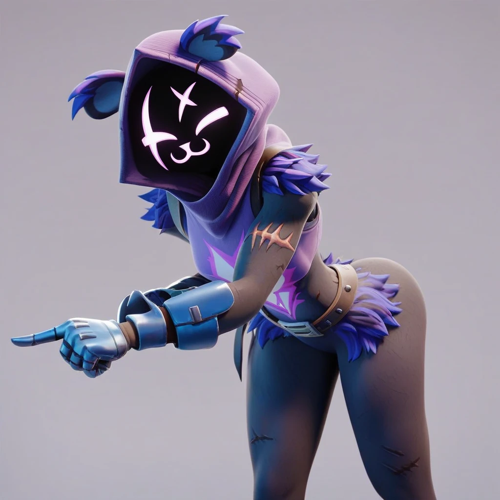 Raven team leader,purple hoodie, with no face, shadowed face, animal ears,purple skin, scar on eye, body skin, purple fur, waist belt, torso symbol, metal gloves, pointing your ass at the viewer, leaning forward, pushing, she closes her eyes, hands resting on top of a small wall, her with her eyes closed, hands are not in the air, expression of force, clear and blue day