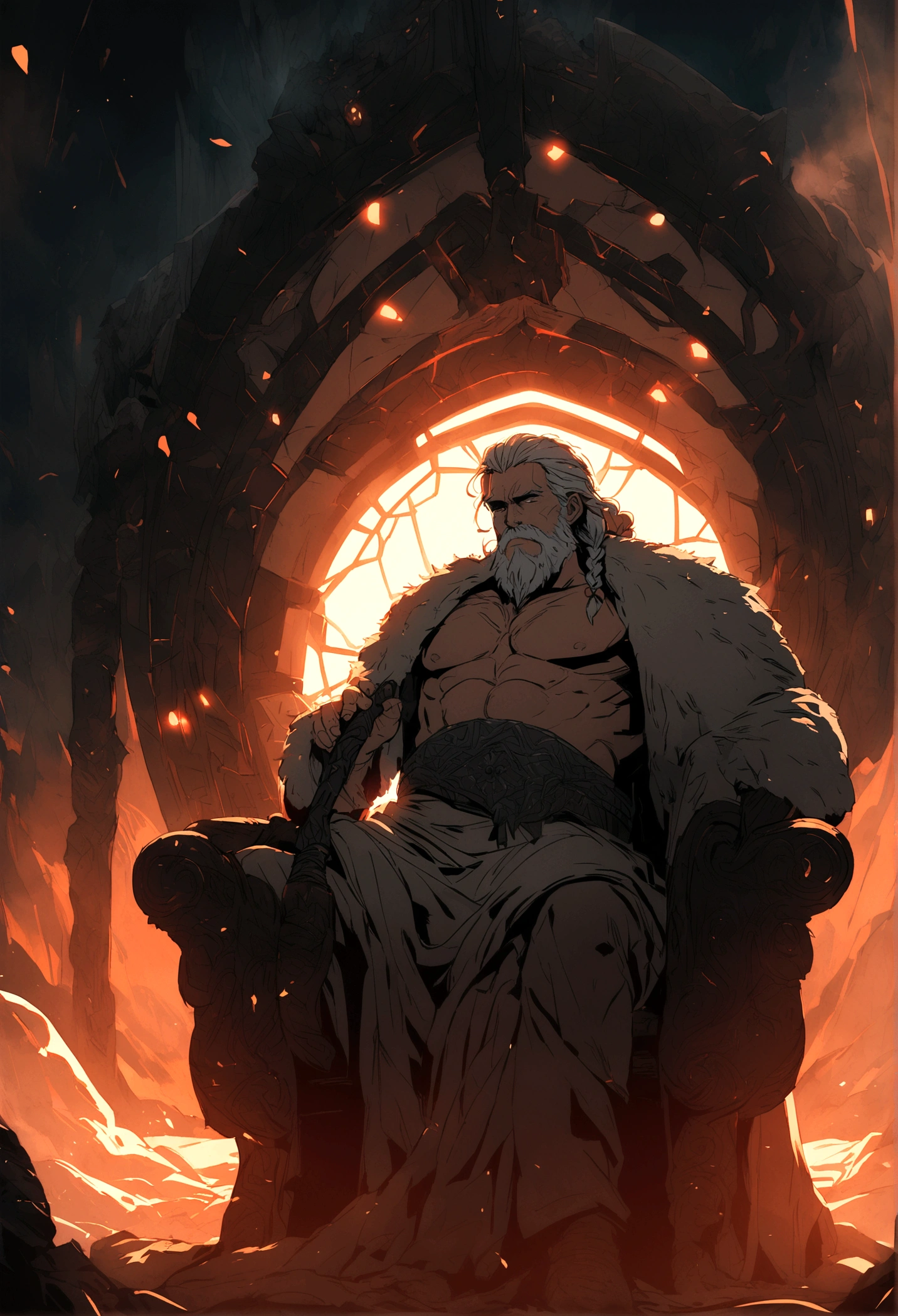 a mature Viking Berserker Shirtless and with Scarlett braided hair and beard,sitting in a futuristic spaceship, his chair draped in a bear's pelt, sharpening a high-tech axe,detailed face and expression,intricate details,cinematic lighting,dramatic atmosphere,epic scale,warmcolor palette,epic and atmospheric