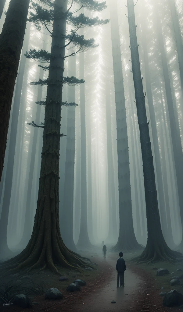 (anime, digital paint, deep forest, eerie atmosphere, the children lost, worried expressions, towering trees casting long shadows, fog creeping along the ground, feeling of isolation and fear)