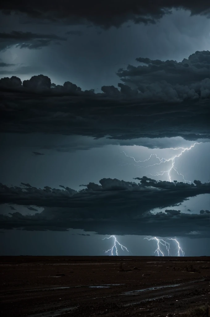 A desolate landscape with dark skies with lightning, evoking a post-apocalyptic atmosphere.