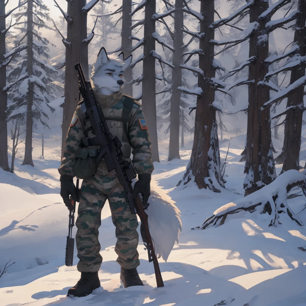 Male, male, fox, arctic fox, white fur, short hair, 20 years old, rifle, ussr flag badge, Snow camouflage, winter camouflage, dramatic effect, dramatic light, shadow, shade, higlight, high quality, high details, High detailed image, high quality image, Very detailed shadows, high detail shadows, Snowy forest, snowy, Winter