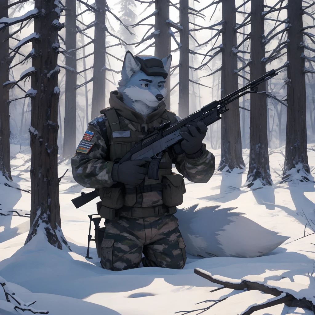 Male, male, fox, arctic fox, white fur, short hair, 20 years old, rifle, ussr flag badge, Snow camouflage, winter camouflage, dramatic effect, dramatic light, shadow, shade, higlight, high quality, high details, High detailed image, high quality image, Very detailed shadows, high detail shadows, Snowy forest, snowy, Winter