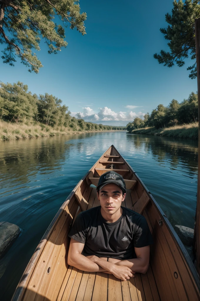 A MAN INSIDE A CANOE ON THE COSTAS RIVER LOOKING UP