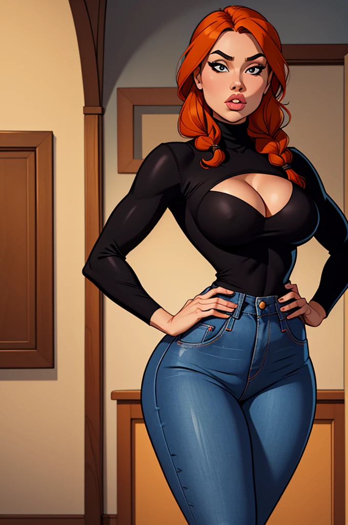 1 female, hourglass figure, pouty look, housewife, cleavage, Black turtleneck, small waist, thick thighs, orange hair, braided, hands on hips, tight jeans, masterpiece, slanty eyes, realistic lips, masterpiece, 4k.
