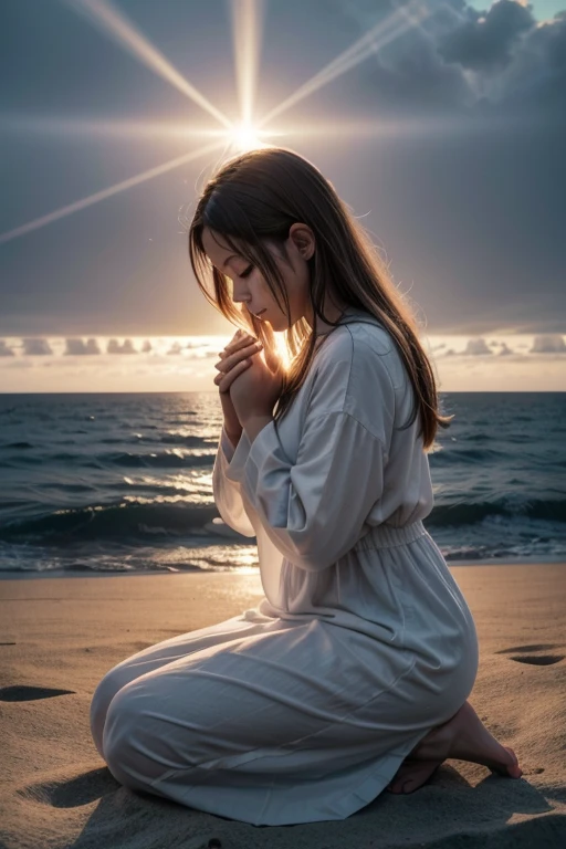Create a series of high definition images to illustrate a video about a "Strong and Powerful Prayer to Receive Miracles". Images must convey feelings of faith, hope, peace and divine connection. Picture 1: Sky at dawn with sun rays shining through the clouds, texto "Strong and Powerful Prayer to Receive Miracles". Imagem 2: Person kneeling in prayer in a serene garden, texto "Querido Deus, source of all power and mercy". Image 3: Close-up of hands together in prayer with blurred background, texto "I stand before You with a humble and trusting heart". Image 4: Divine light shining on a person in meditation, texto "I ask you, with all my faith, that you look at me with compassion and love". Image 5: Road illuminated by soft light, symbolizing new paths, texto "today, I ask you to intervene in my life". Image 6: Figure of an angel or spiritual light protecting a person in prayer, texto "Pour your grace and your light upon me". Image 7: Glowing heart surrounded by soft light, texto "I trust in Your love and Your goodness". Figure 8: Sunset over the ocean with a glowing cross on the horizon, texto "May God bless us all and may miracles happen in our lives".